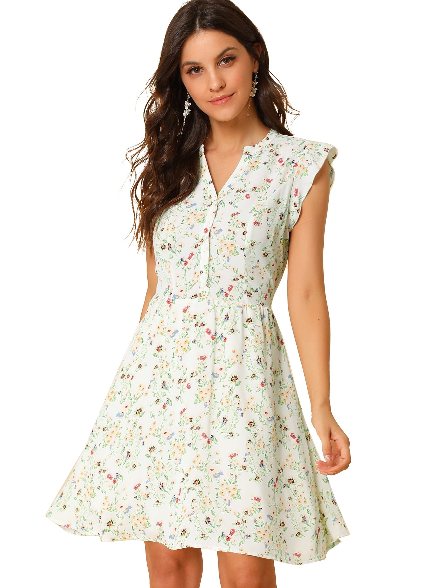Flutter Sleeve Ruffle A-Line Flowy Chiffon Dress