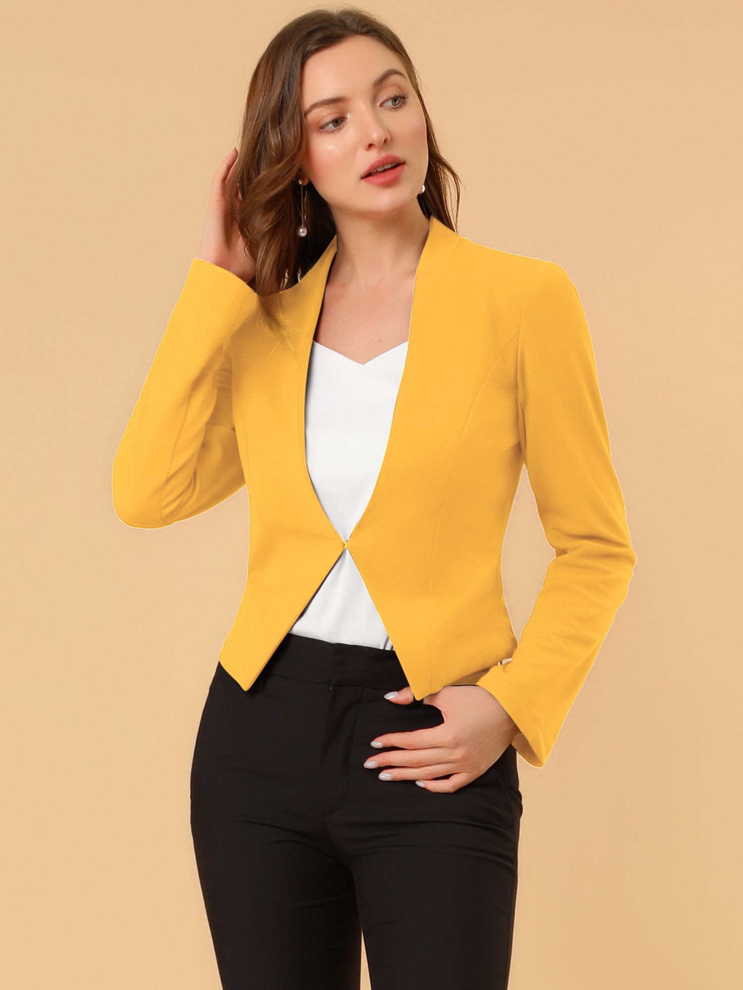 Solid Color Collarless Cropped Office Blazer Jacket