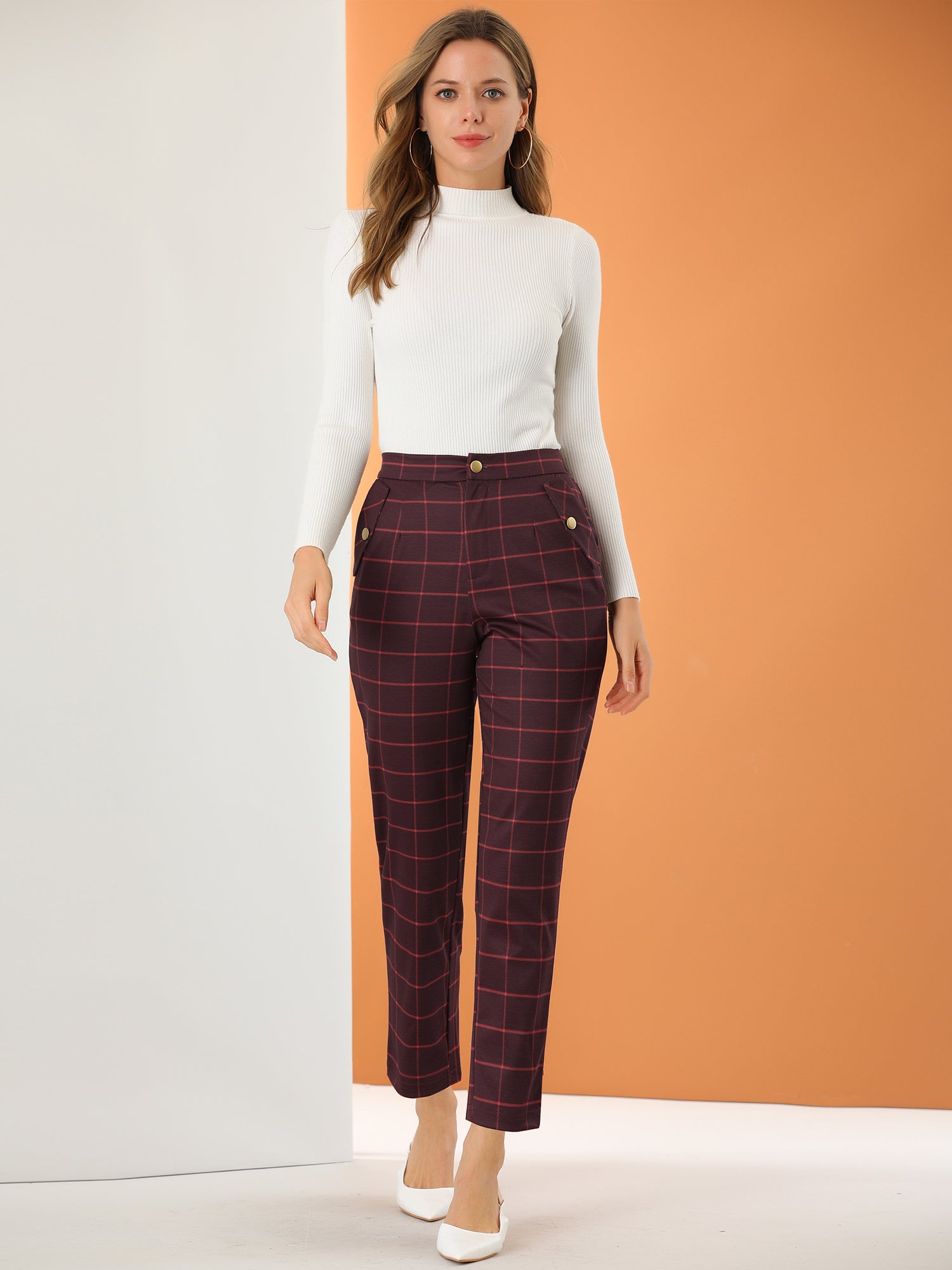 Tartan Plaid Pants Elastic Waist Straight Long Trousers