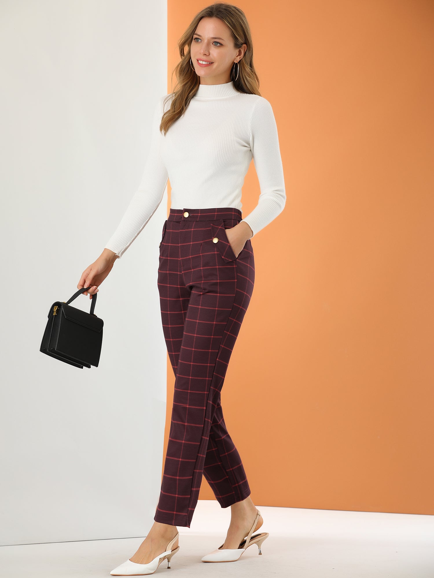 Tartan Plaid Pants Elastic Waist Straight Long Trousers