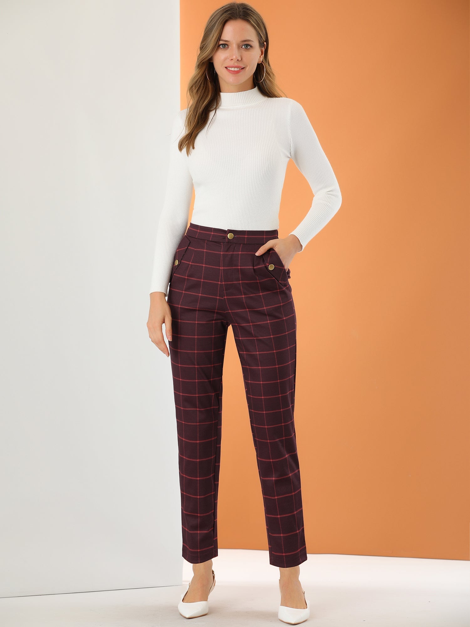 Tartan Plaid Pants Elastic Waist Straight Long Trousers