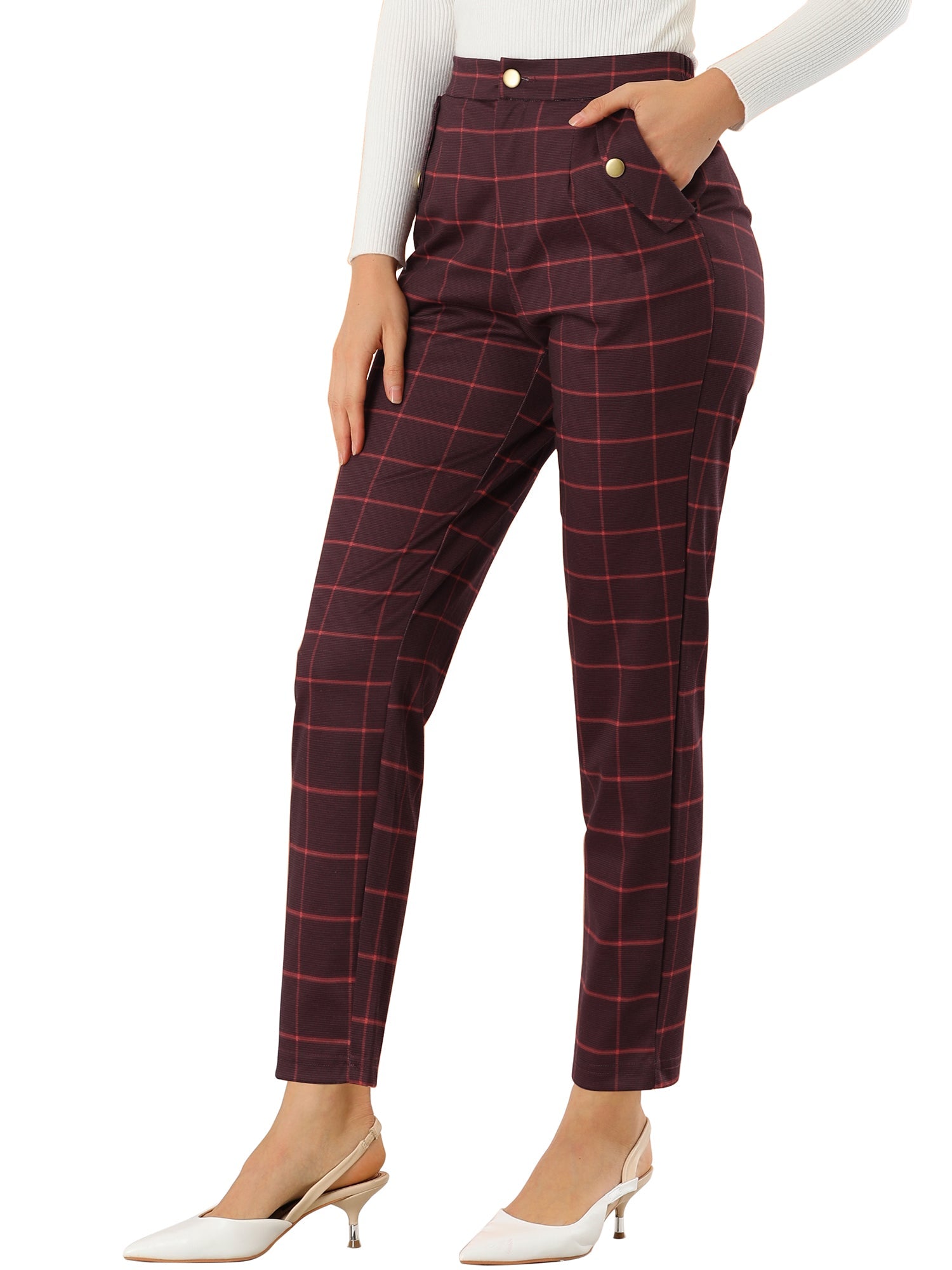 Tartan Plaid Pants Elastic Waist Straight Long Trousers