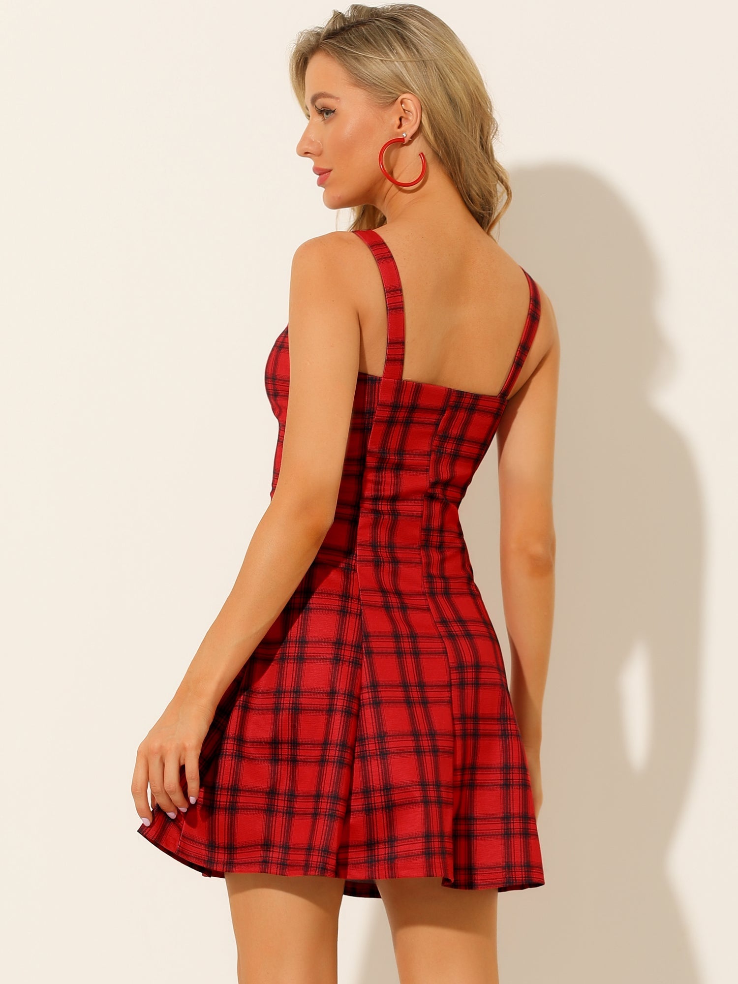 Plaid Zipper Front Party Strap Sleeveless Tube Mini A-Line Dress