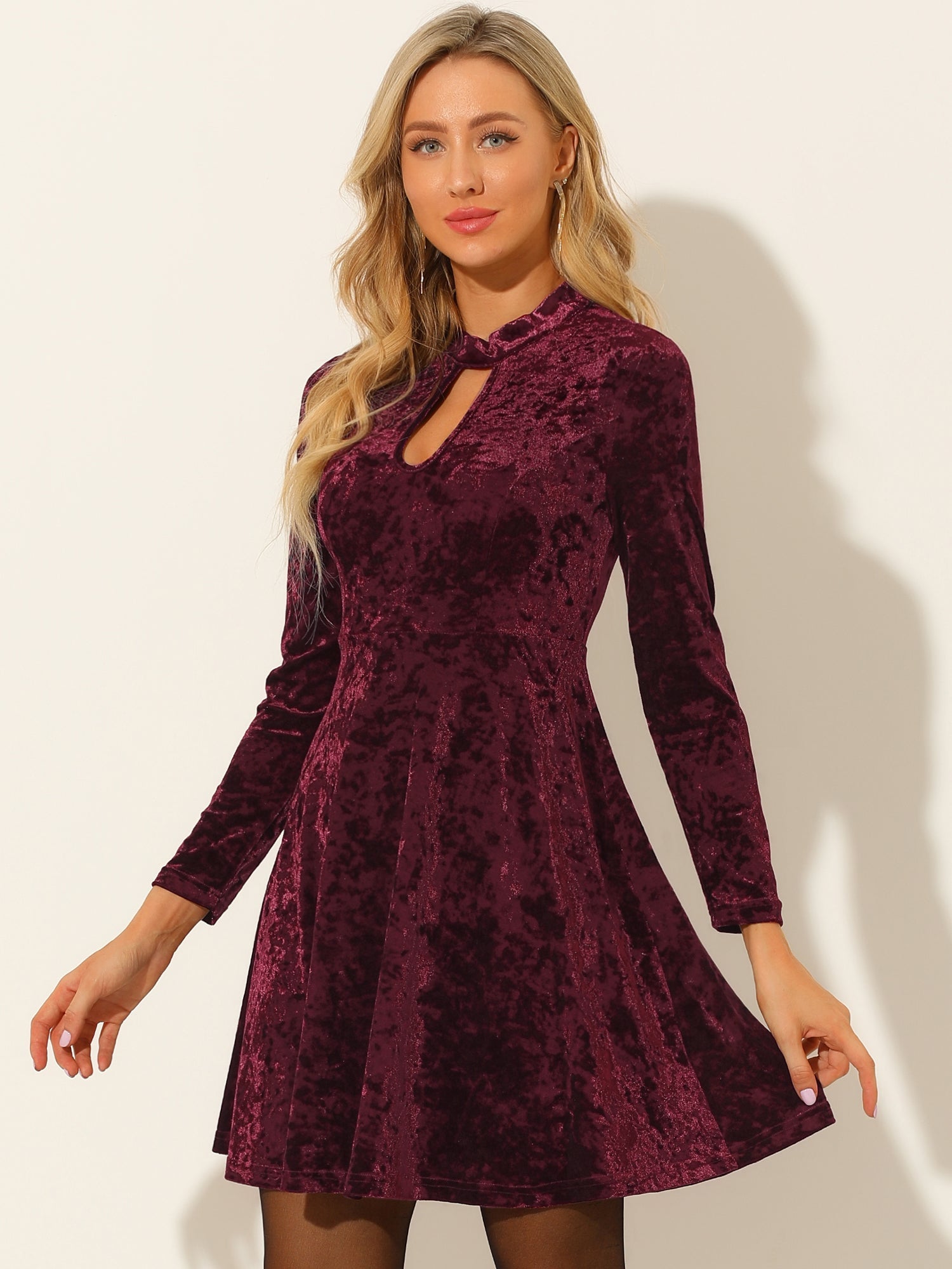 Keyhole Neck High Waist Long Sleeve Velvet Swing Mini Dress