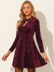 Keyhole Neck High Waist Long Sleeve Velvet Swing Mini Dress