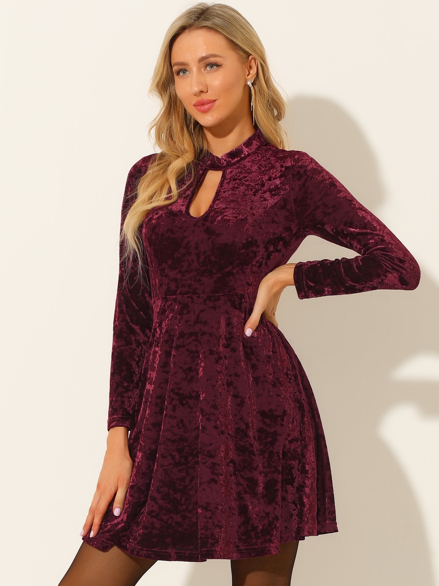 Keyhole Neck High Waist Long Sleeve Velvet Swing Mini Dress