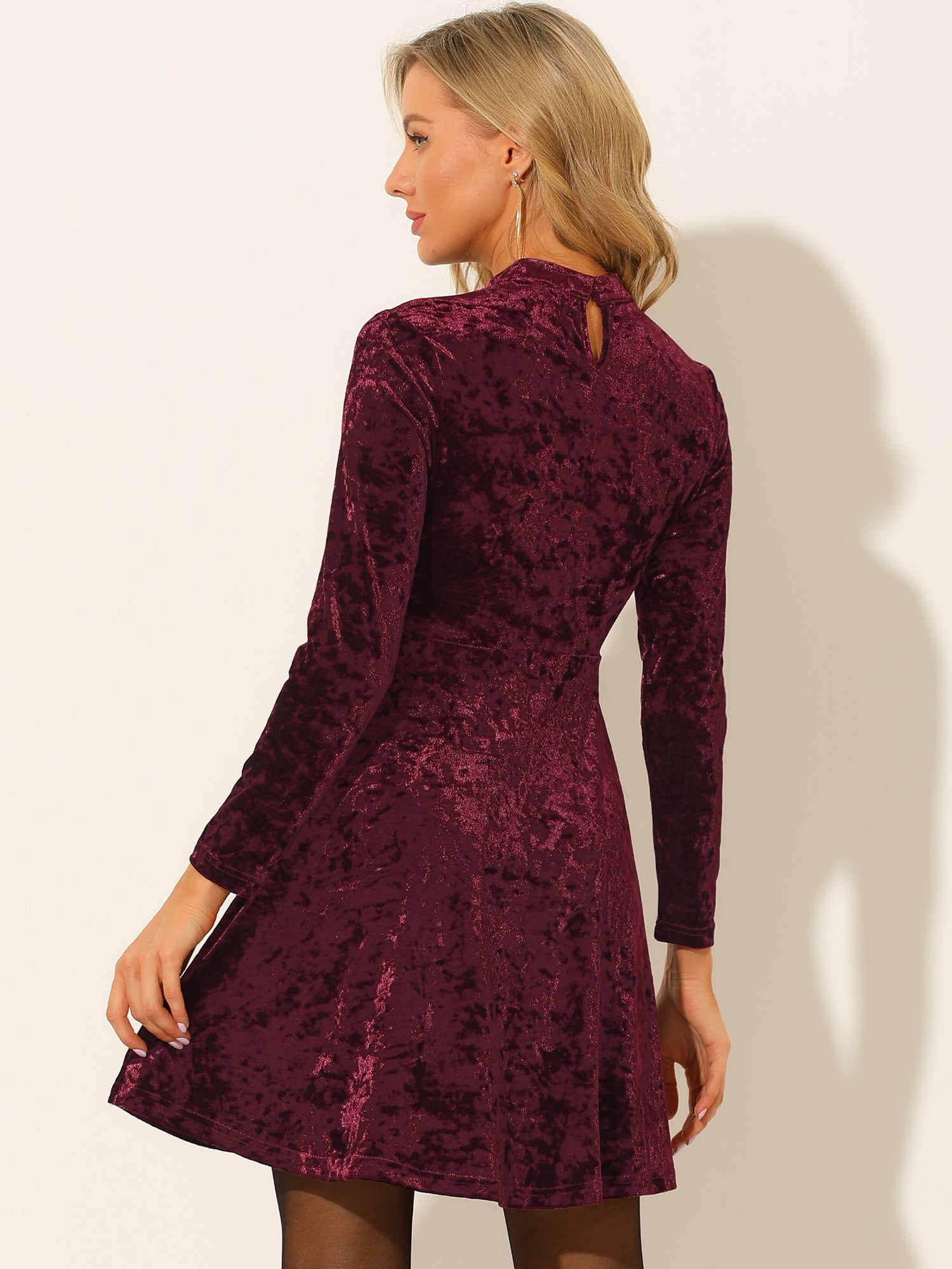 Keyhole Neck High Waist Long Sleeve Velvet Swing Mini Dress