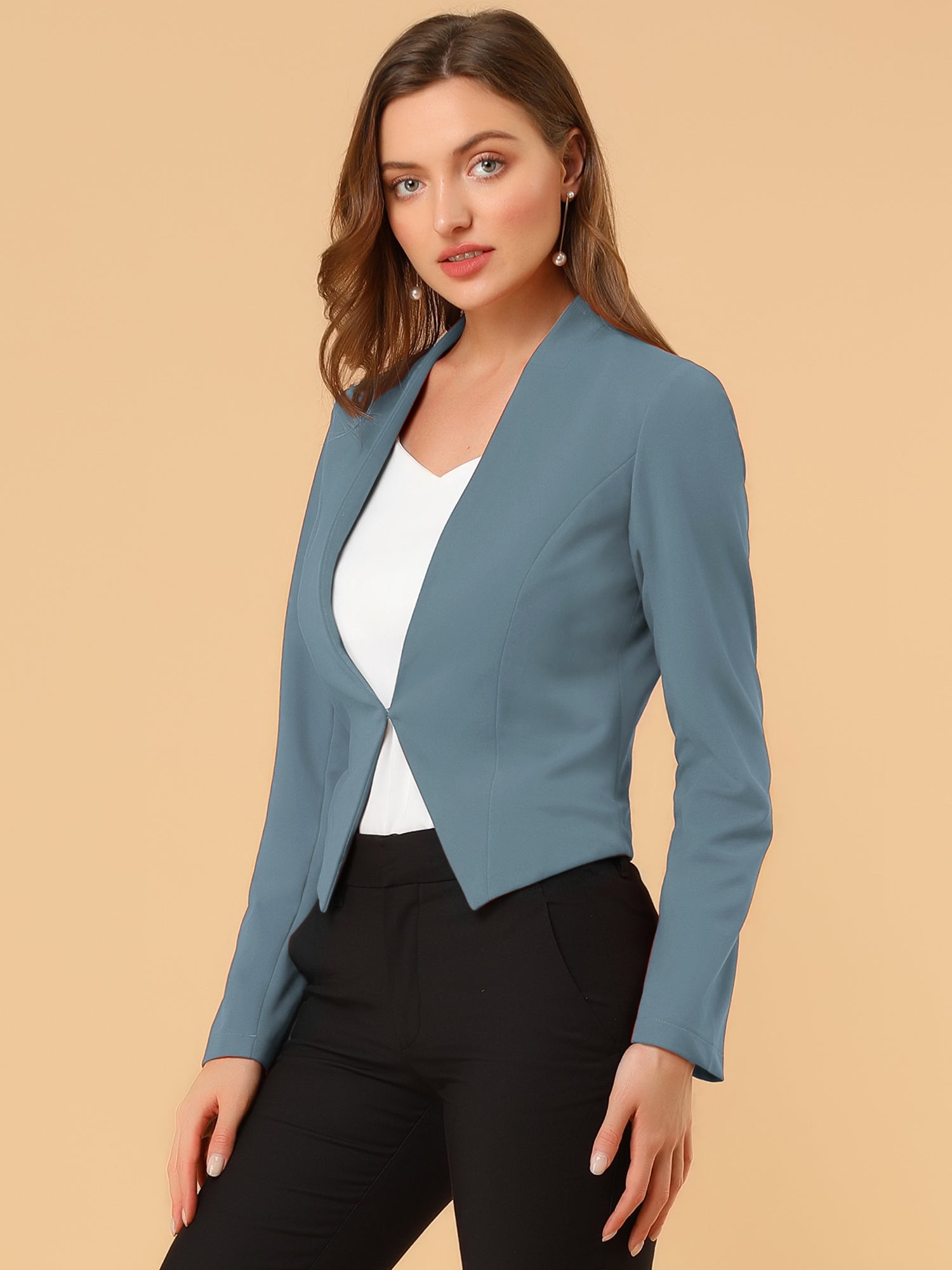 Collarless Solid Color Cropped Office Blazer Jacket