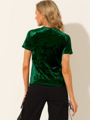 Velvet Crew Neck Short Sleeve Casual T-Shirt Top