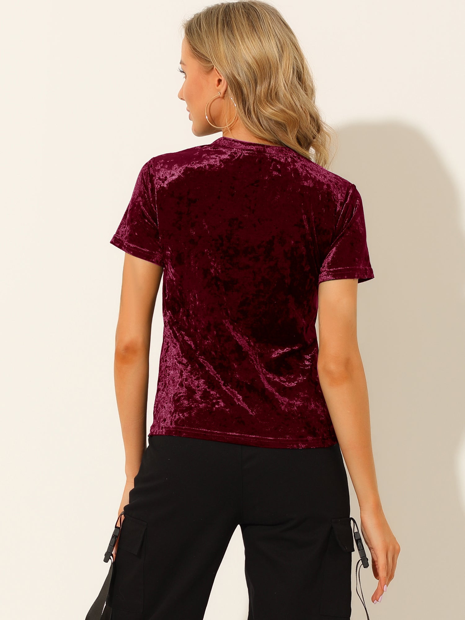 Velvet Crew Neck Short Sleeve Casual T-Shirt Top