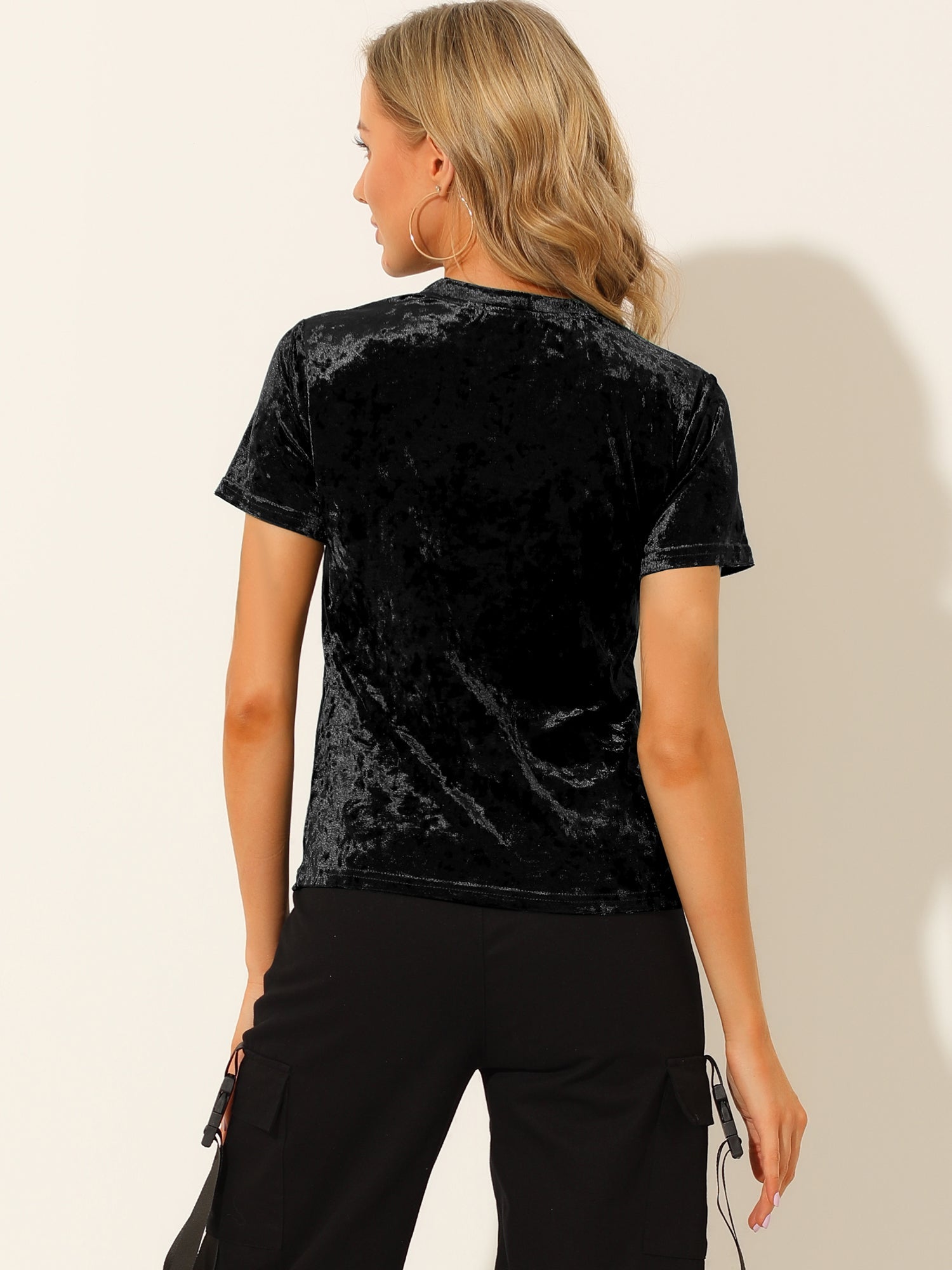 Velvet Crew Neck Short Sleeve Casual T-Shirt Top