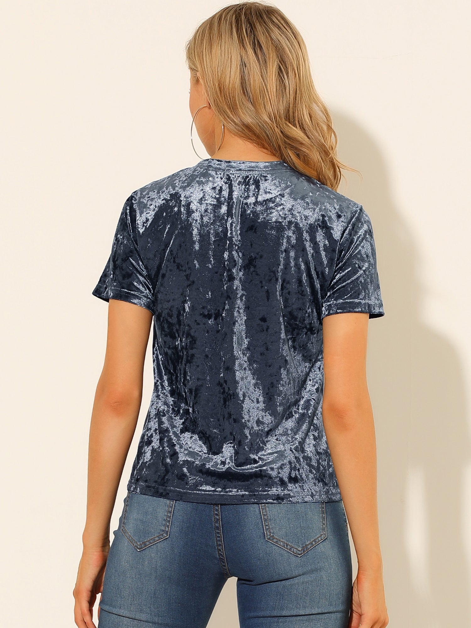 Velvet Crew Neck Short Sleeve Casual T-Shirt Top