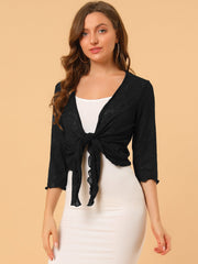 Open Front Knit Cardigan Tied 3/4 Sleeve Bolero Shrug