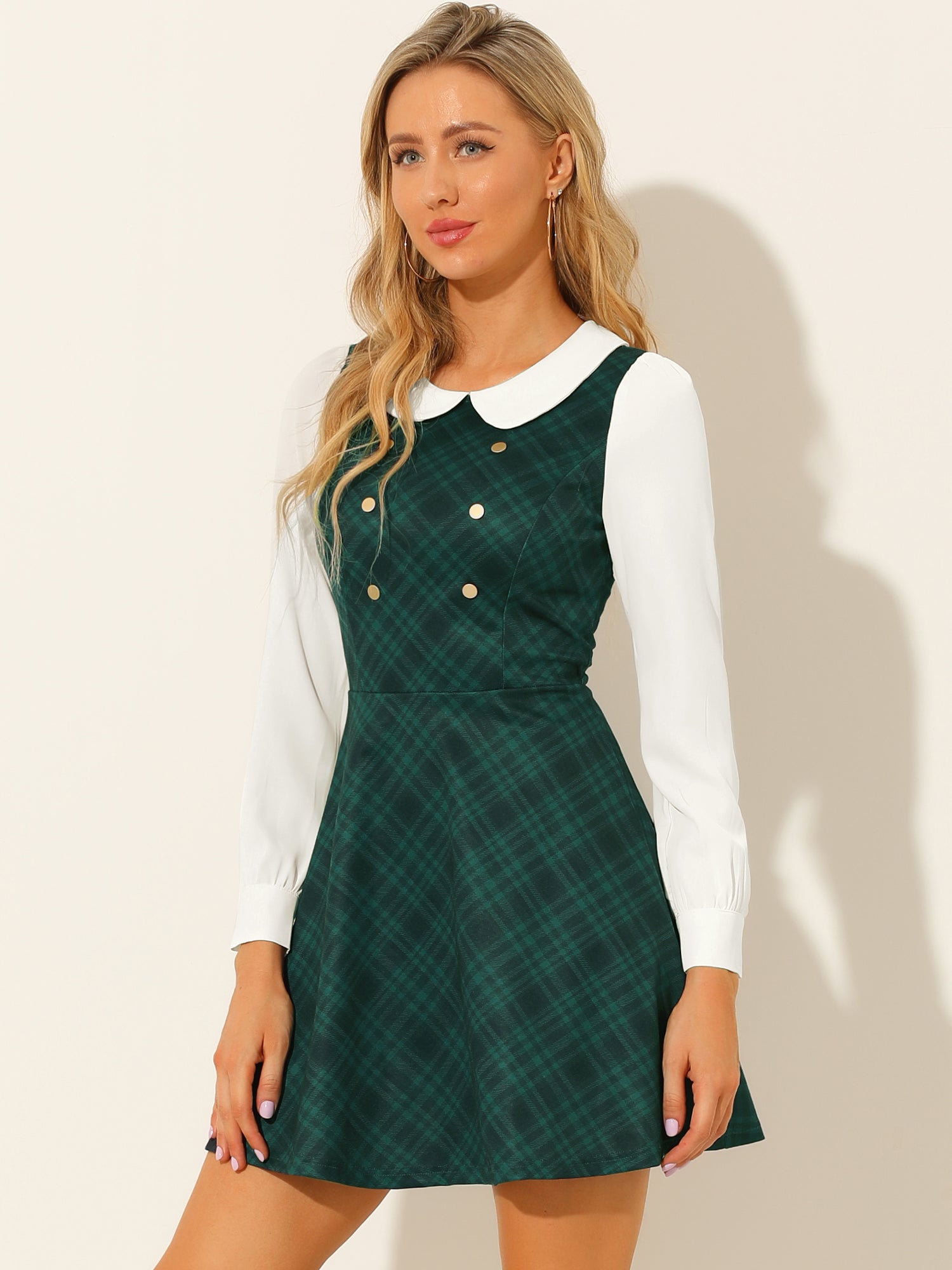 Peter Pan Collar Contrast Color Button Decor Plaid Dress