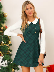 Peter Pan Collar Contrast Color Button Decor Plaid Dress