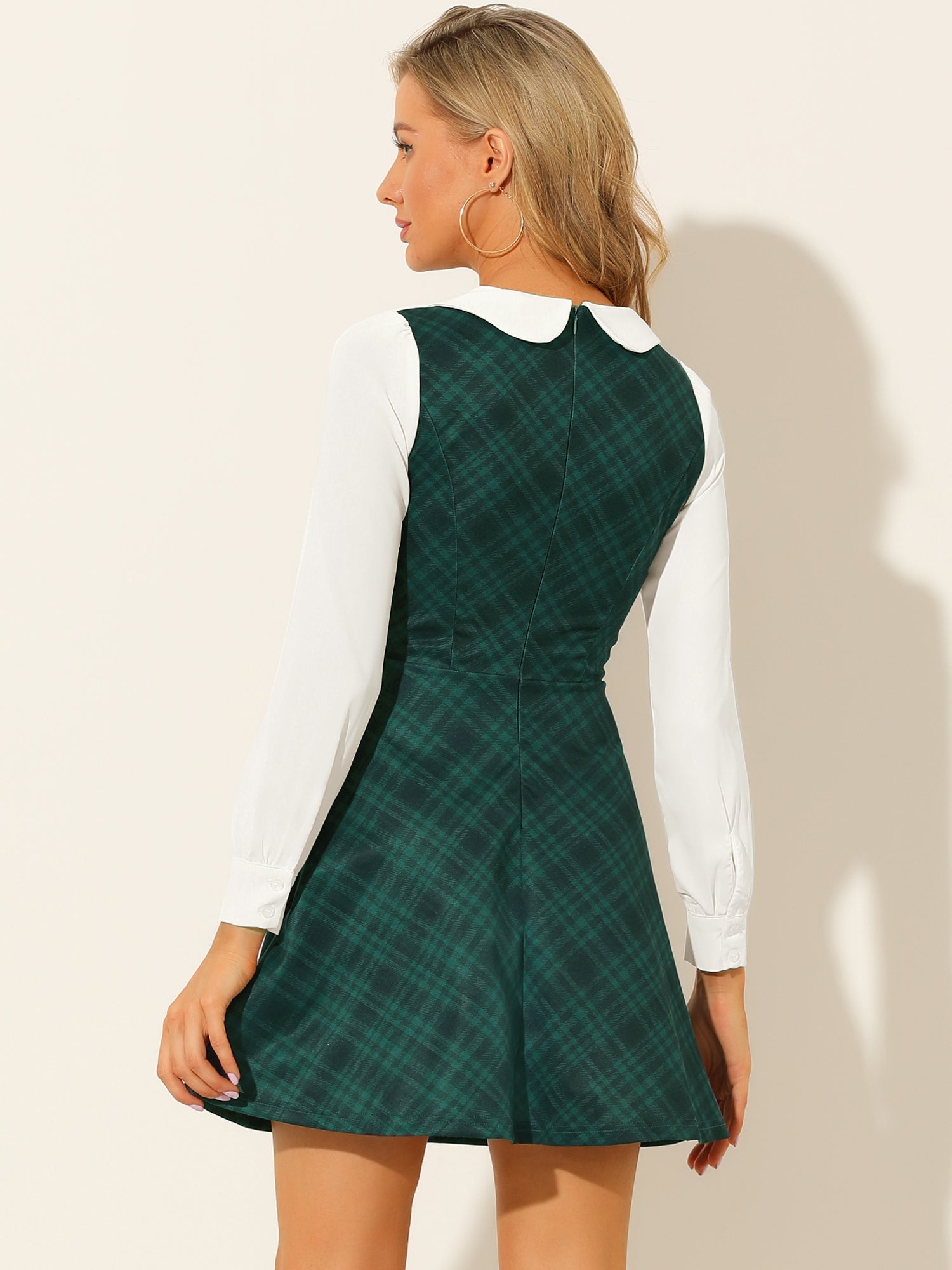 Peter Pan Collar Contrast Color Button Decor Plaid Dress