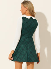 Peter Pan Collar Contrast Color Button Decor Plaid Dress