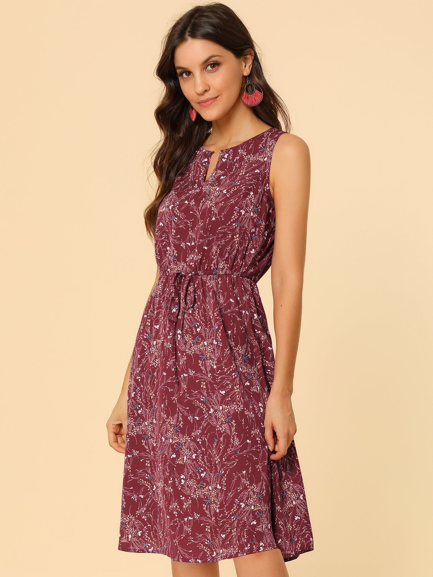 Floral Drawstring Waist Sleeveless A-Line Midi Dress Sundress