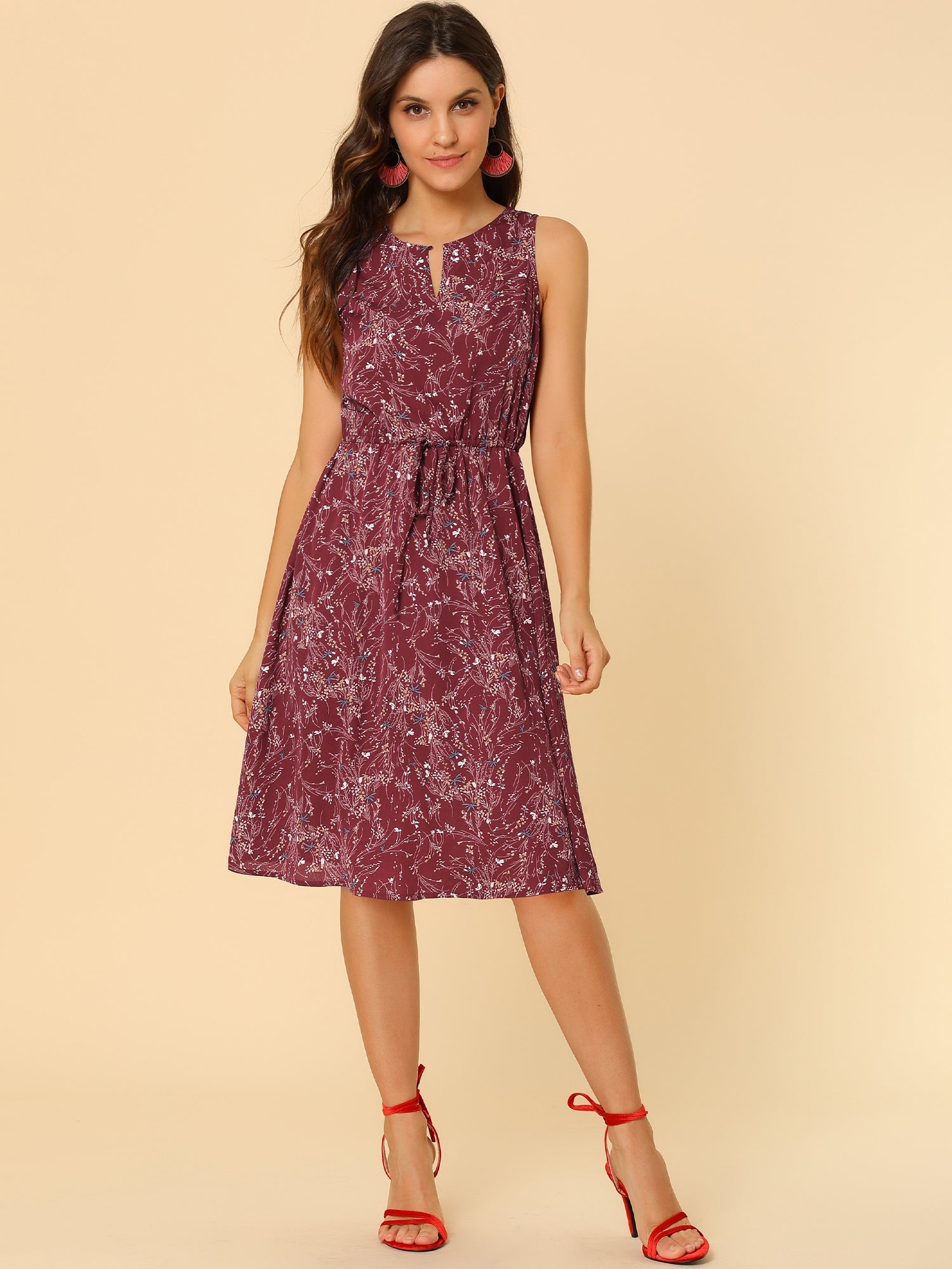 Floral Drawstring Waist Sleeveless A-Line Midi Dress Sundress