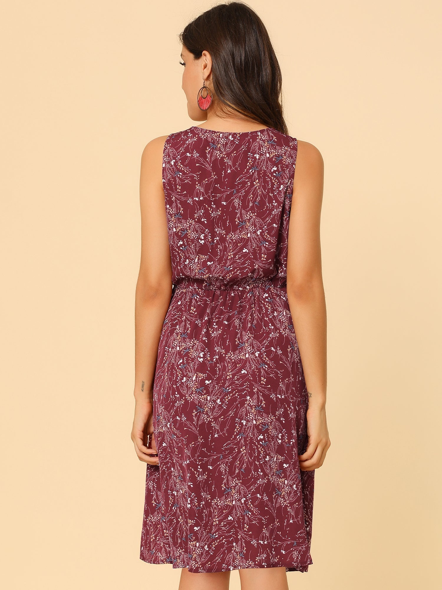 Floral Drawstring Waist Sleeveless A-Line Midi Dress Sundress