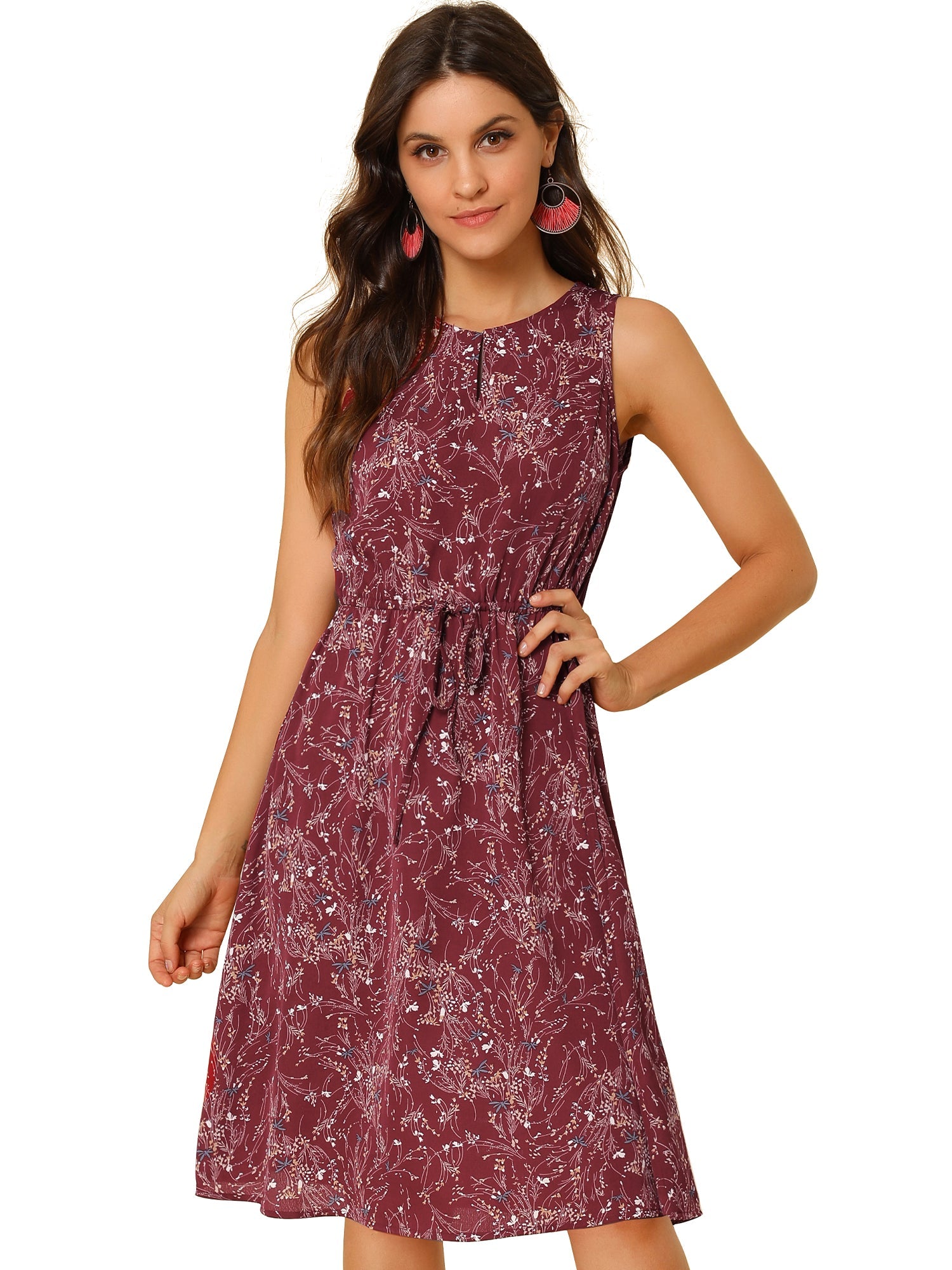 Floral Drawstring Waist Sleeveless A-Line Midi Dress Sundress