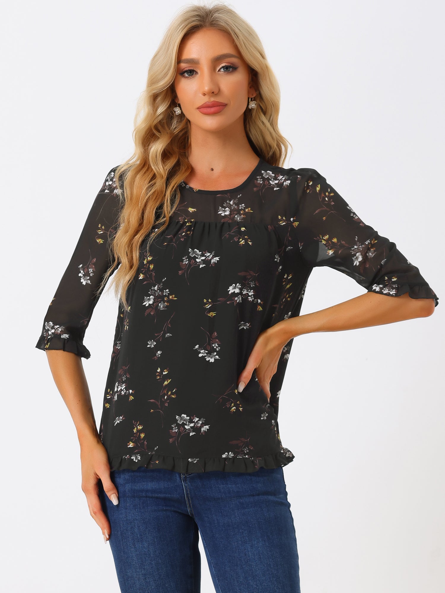 Casual Ruffle Floral Print 3/4 Sleeve Chiffon Blouse