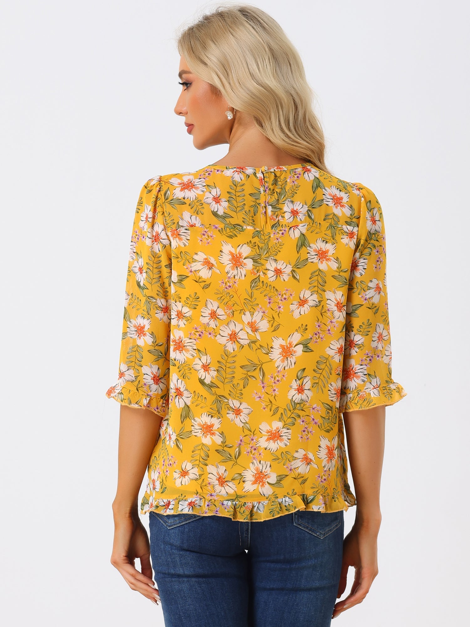 Casual Ruffle 3/4 Sleeve Floral Print Chiffon Blouse