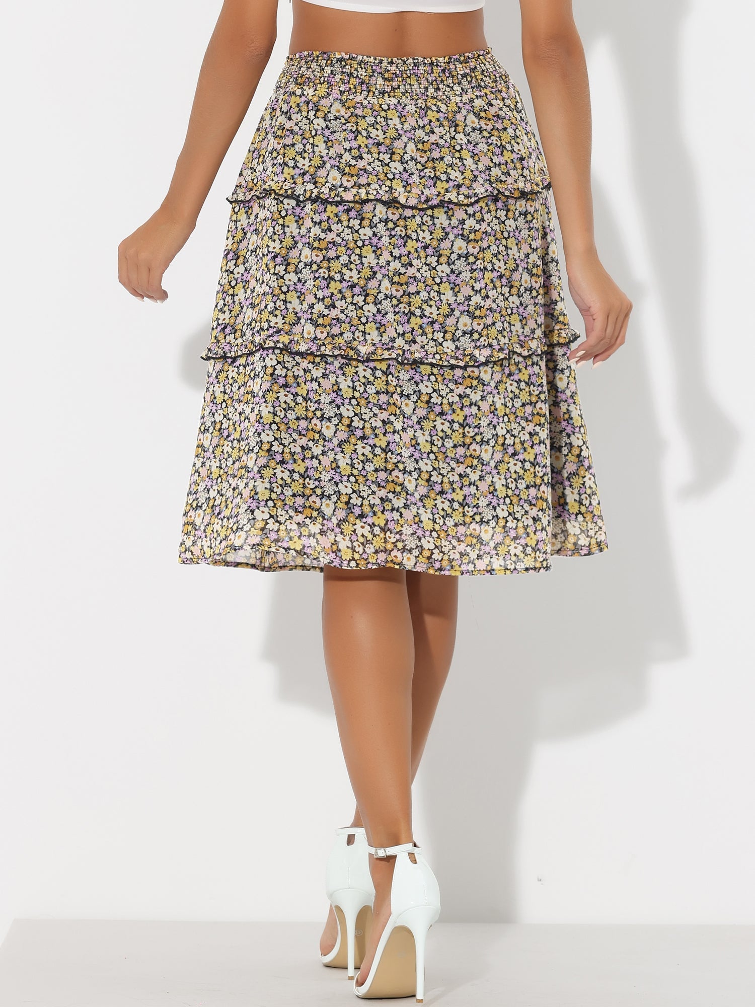 Floral Smocked Elastic Waist Knee Length Ruffle Tiered Skirt