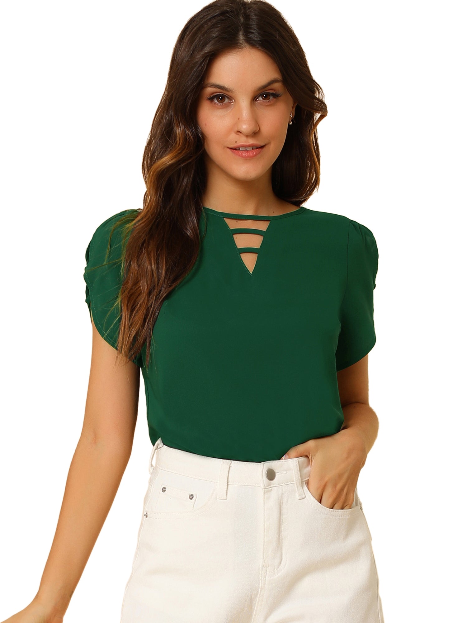 Cutout Round Neck Cap Sleeve Casual Top
