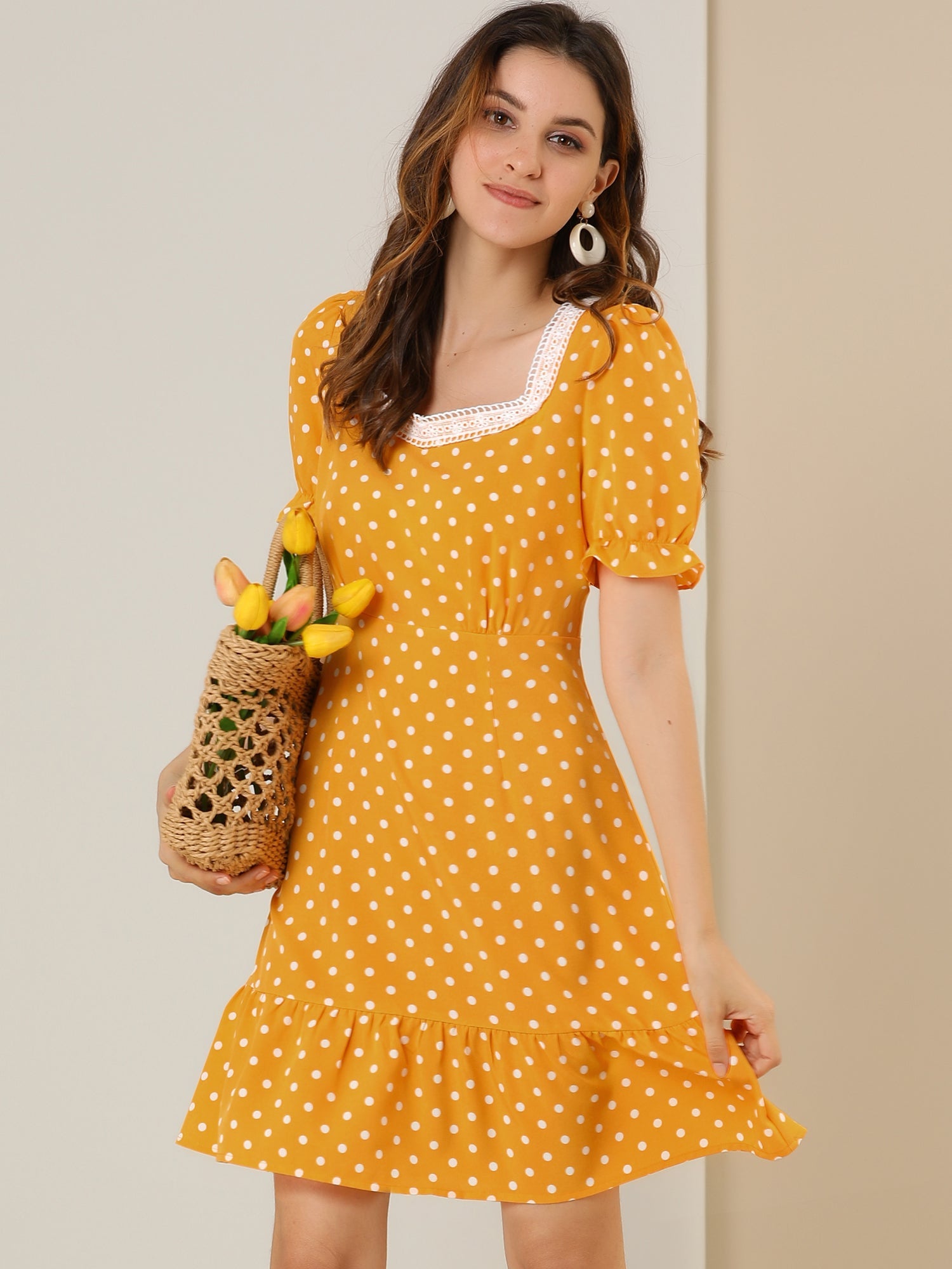 Summer Sweetheart Neck Ruffled Hem Puff Short Sleeve Polka Dots Dress