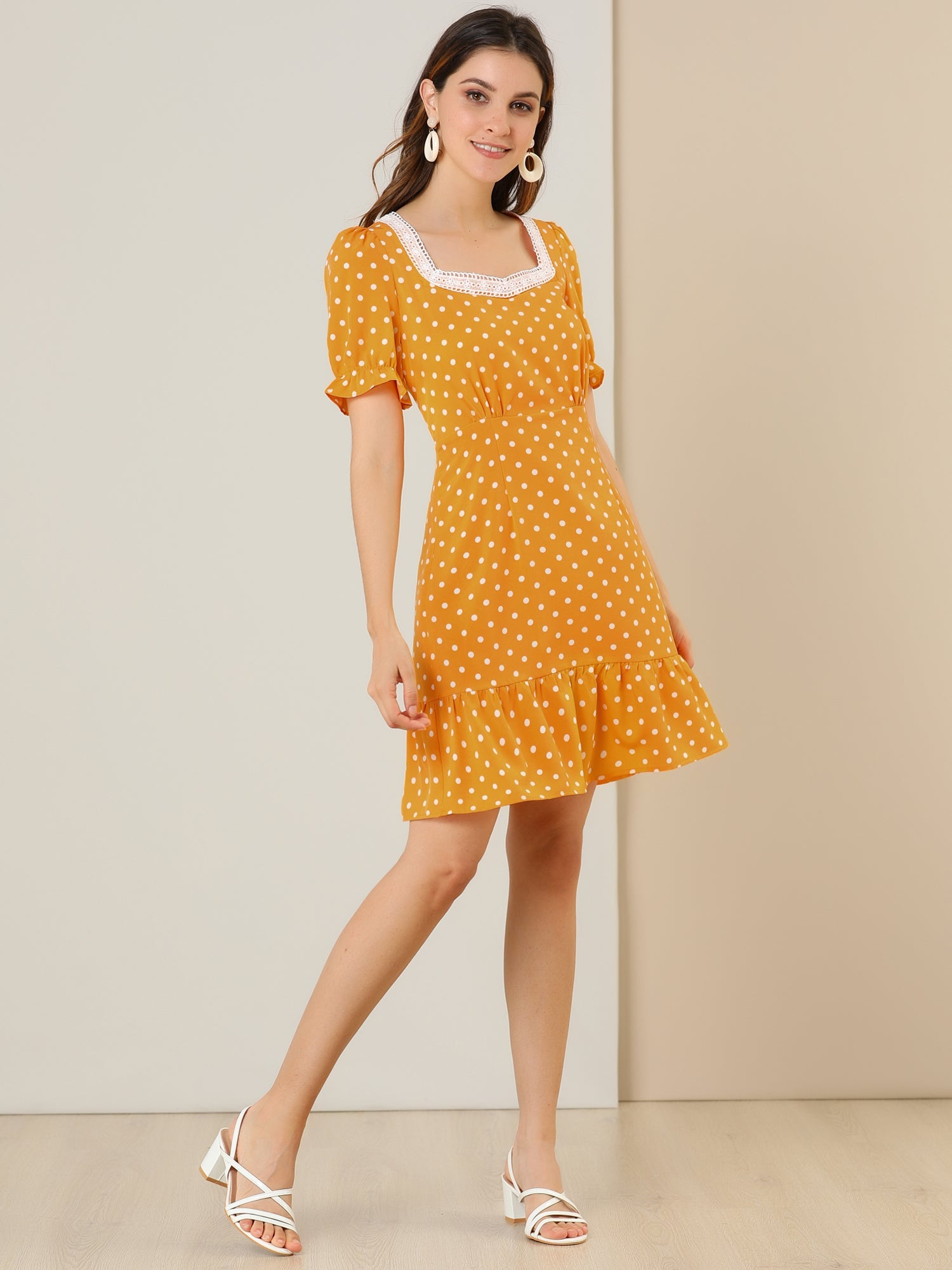 Summer Sweetheart Neck Ruffled Hem Puff Short Sleeve Polka Dots Dress