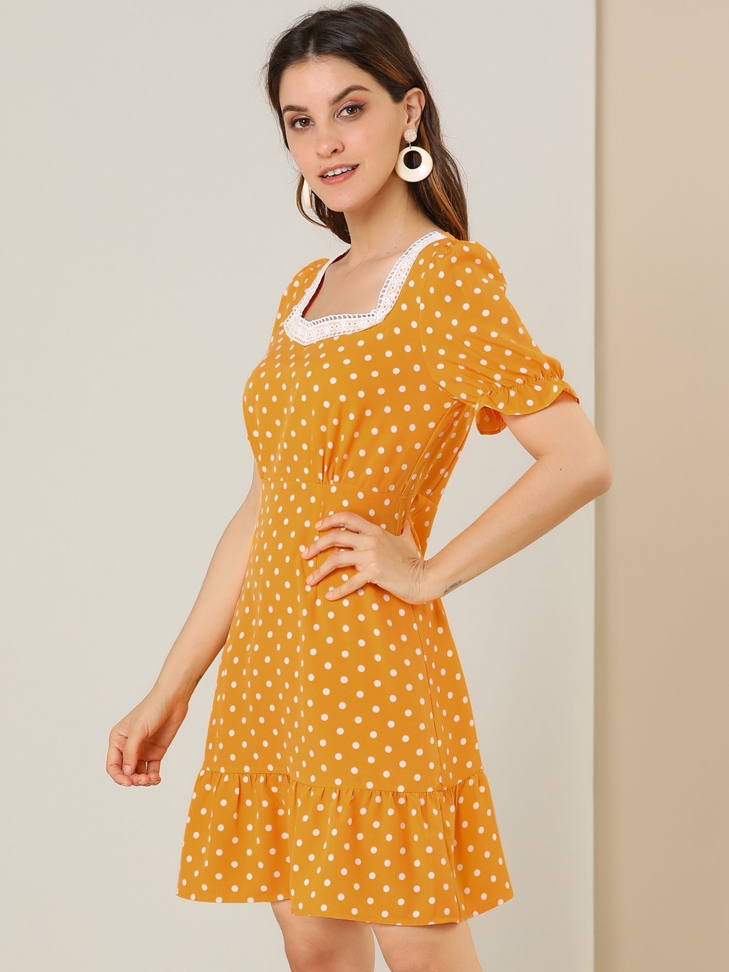 Summer Sweetheart Neck Ruffled Hem Puff Short Sleeve Polka Dots Dress