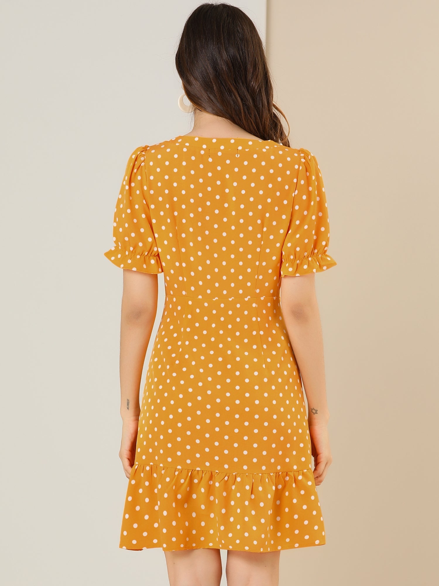 Summer Sweetheart Neck Ruffled Hem Puff Short Sleeve Polka Dots Dress