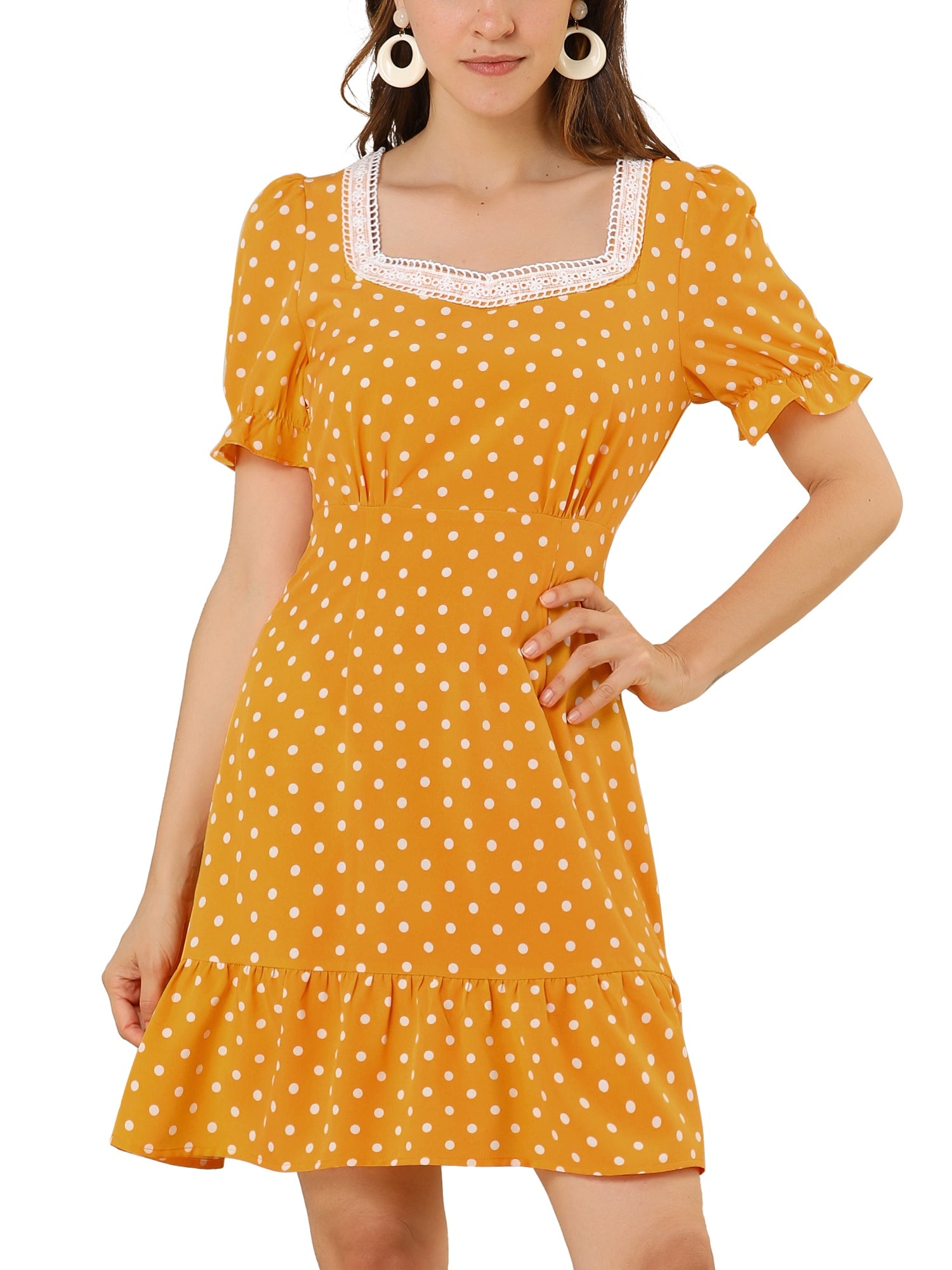 Summer Sweetheart Neck Ruffled Hem Puff Short Sleeve Polka Dots Dress
