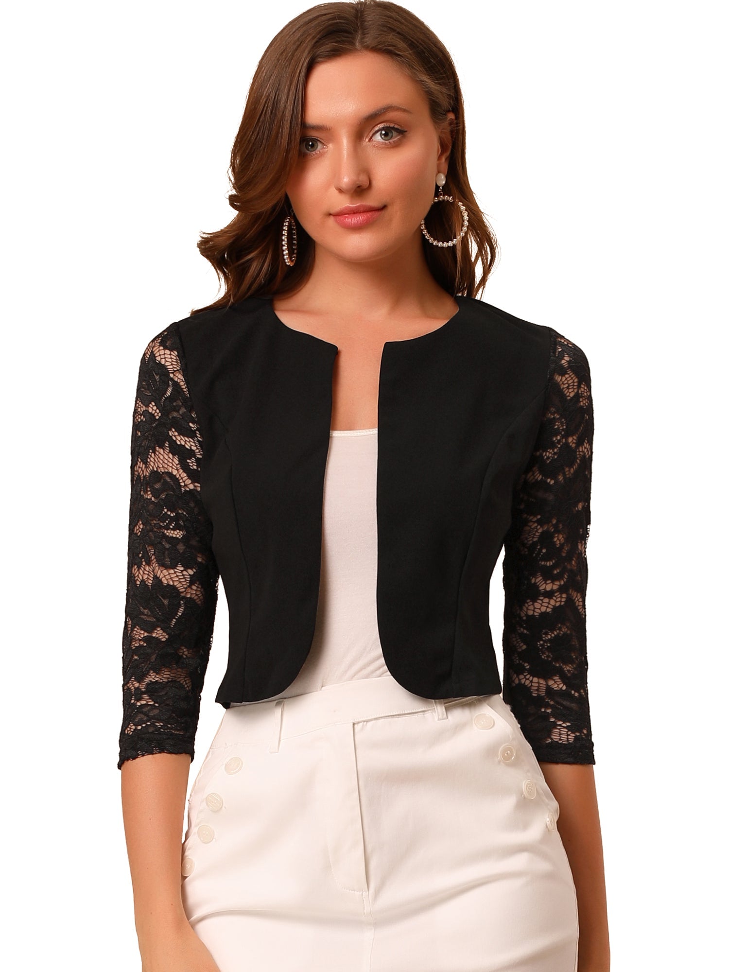 3/4 Sleeve Floral Lace Open Front Office Bolero Shrug