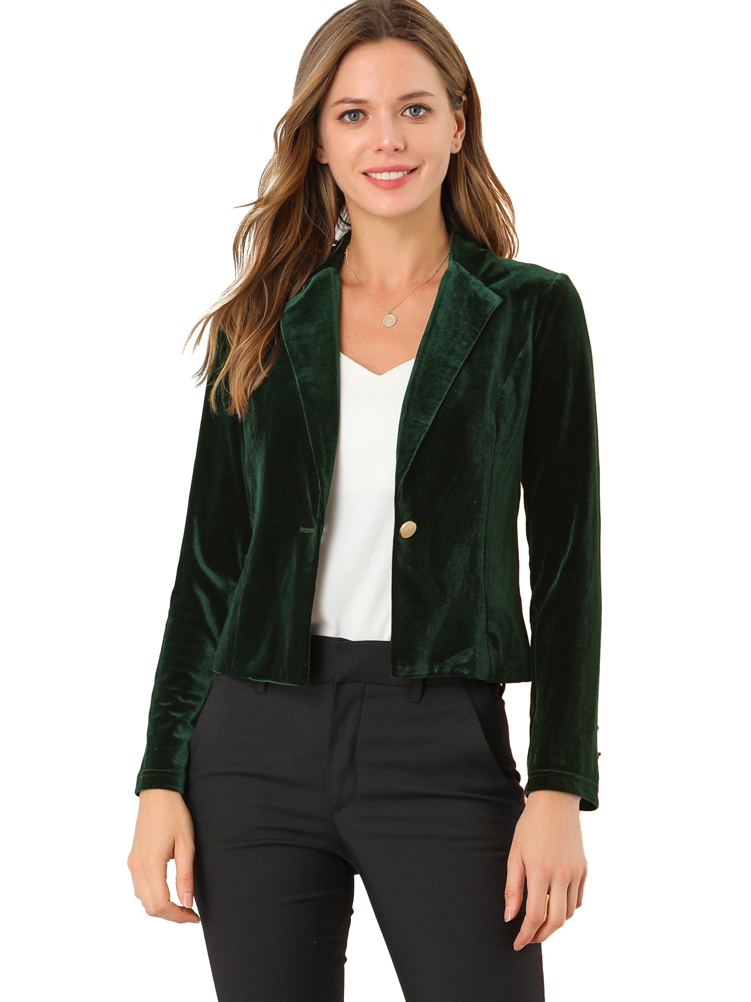 Single Button Velvet Lapel Business Crop Blazer Jacket