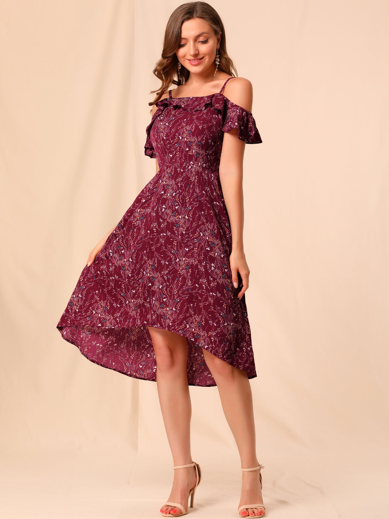 Spaghetti Strap Asymmetrical High Low Floral A-Line Midi Dress