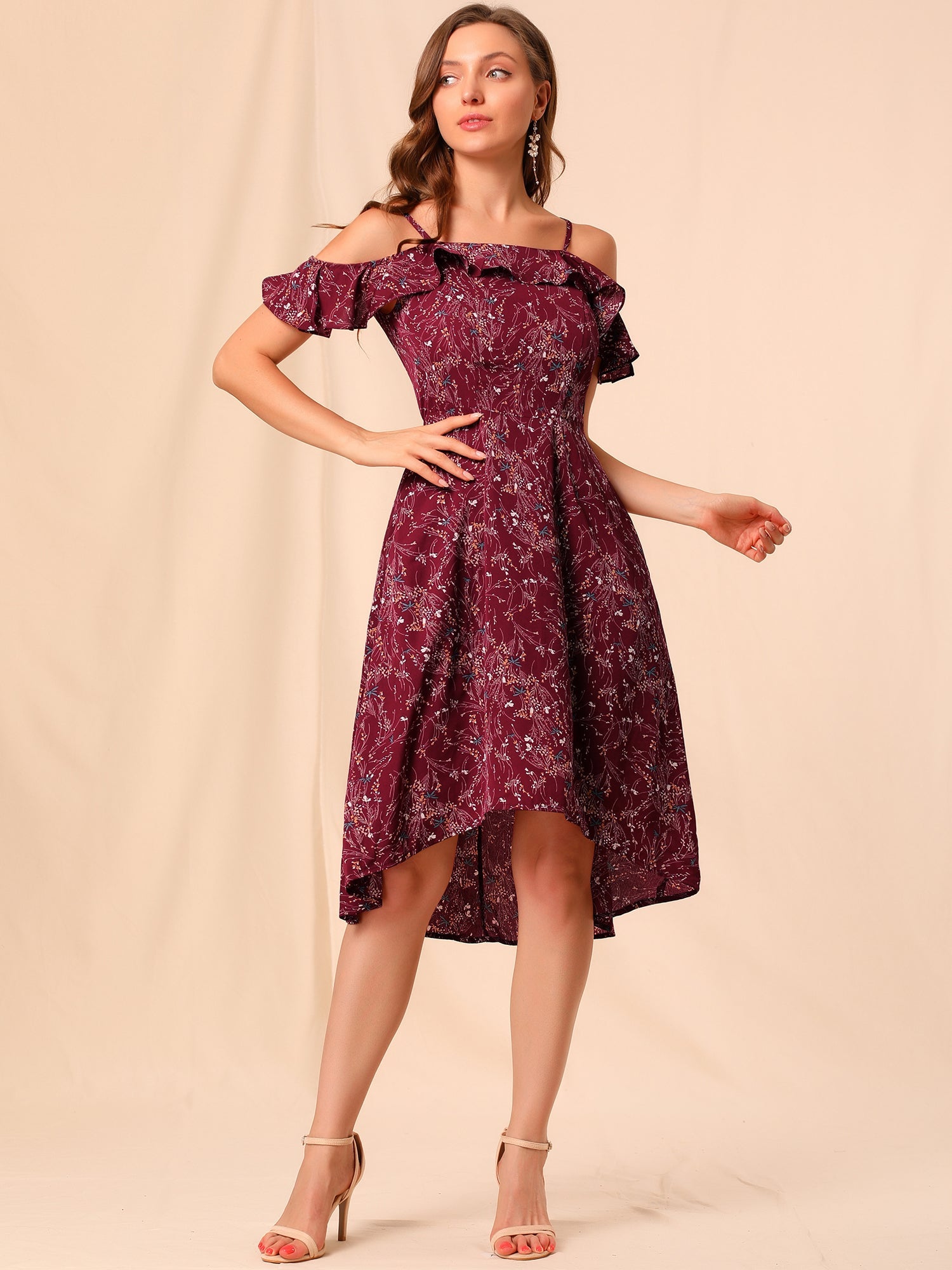 Spaghetti Strap Asymmetrical High Low Floral A-Line Midi Dress