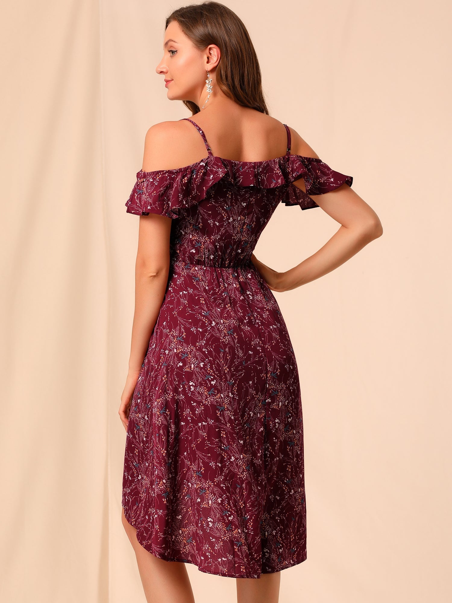 Spaghetti Strap Asymmetrical High Low Floral A-Line Midi Dress