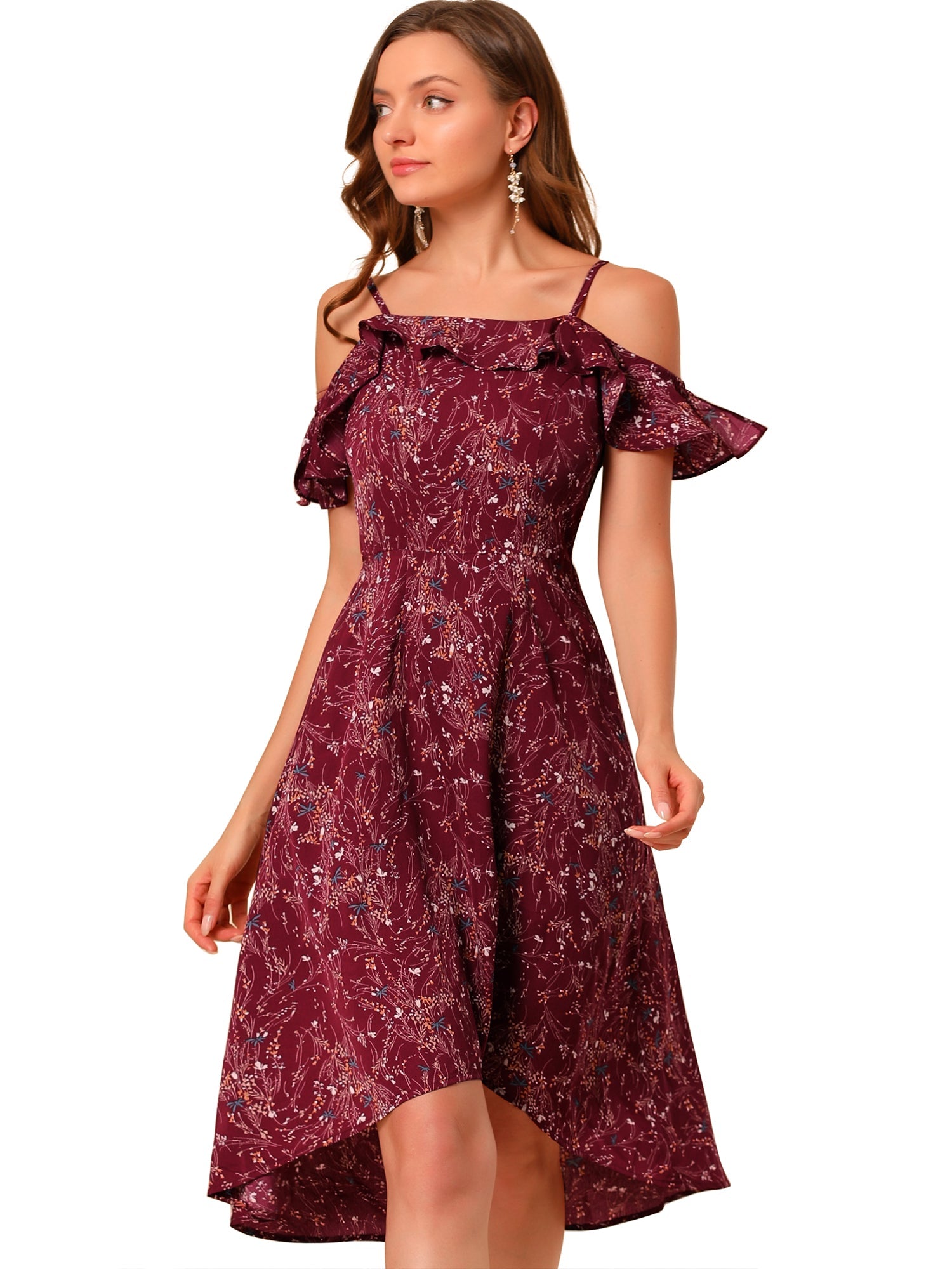 Spaghetti Strap Asymmetrical High Low Floral A-Line Midi Dress