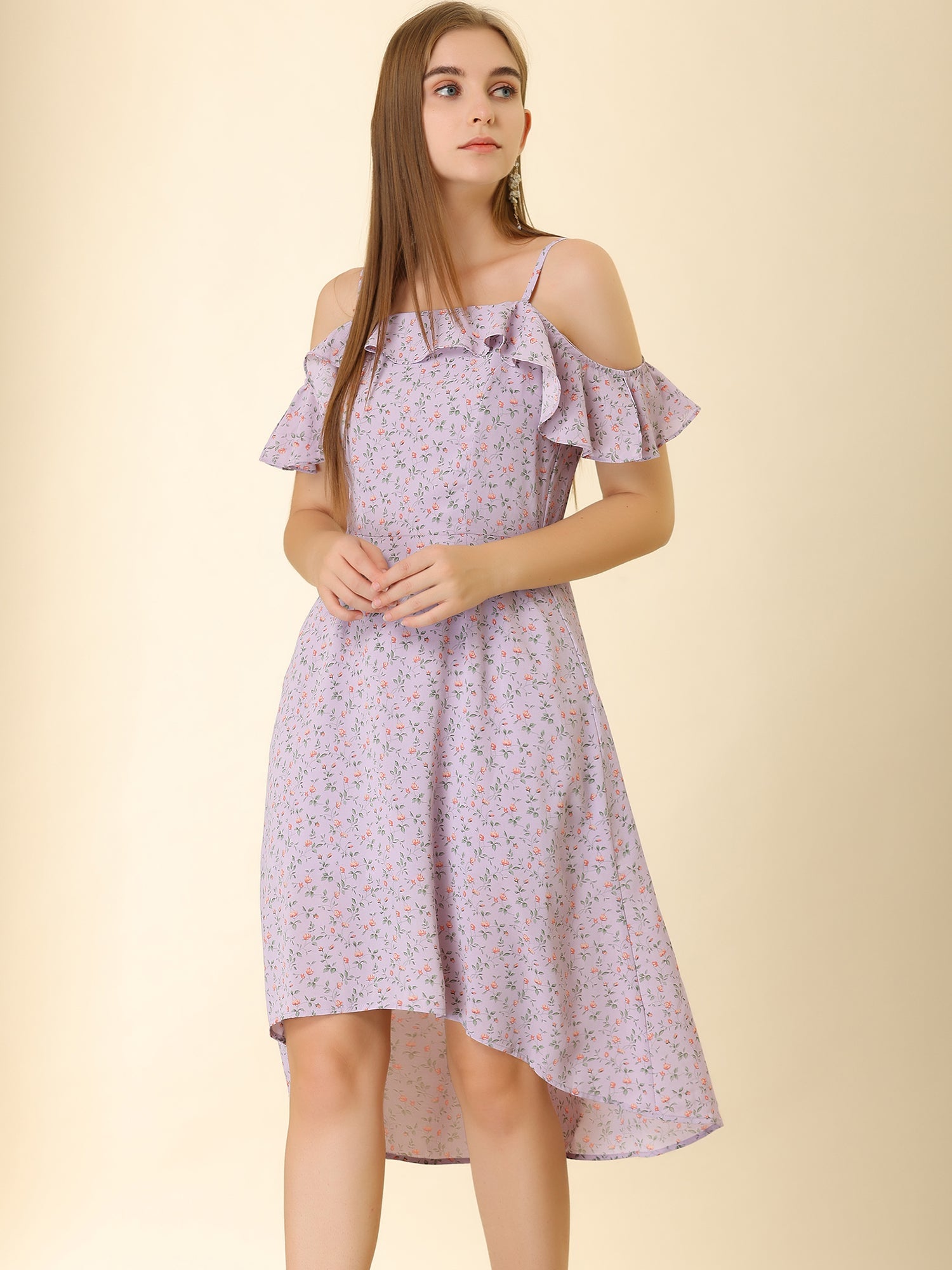 Spaghetti Strap Asymmetrical High Low Floral A-Line Midi Dress