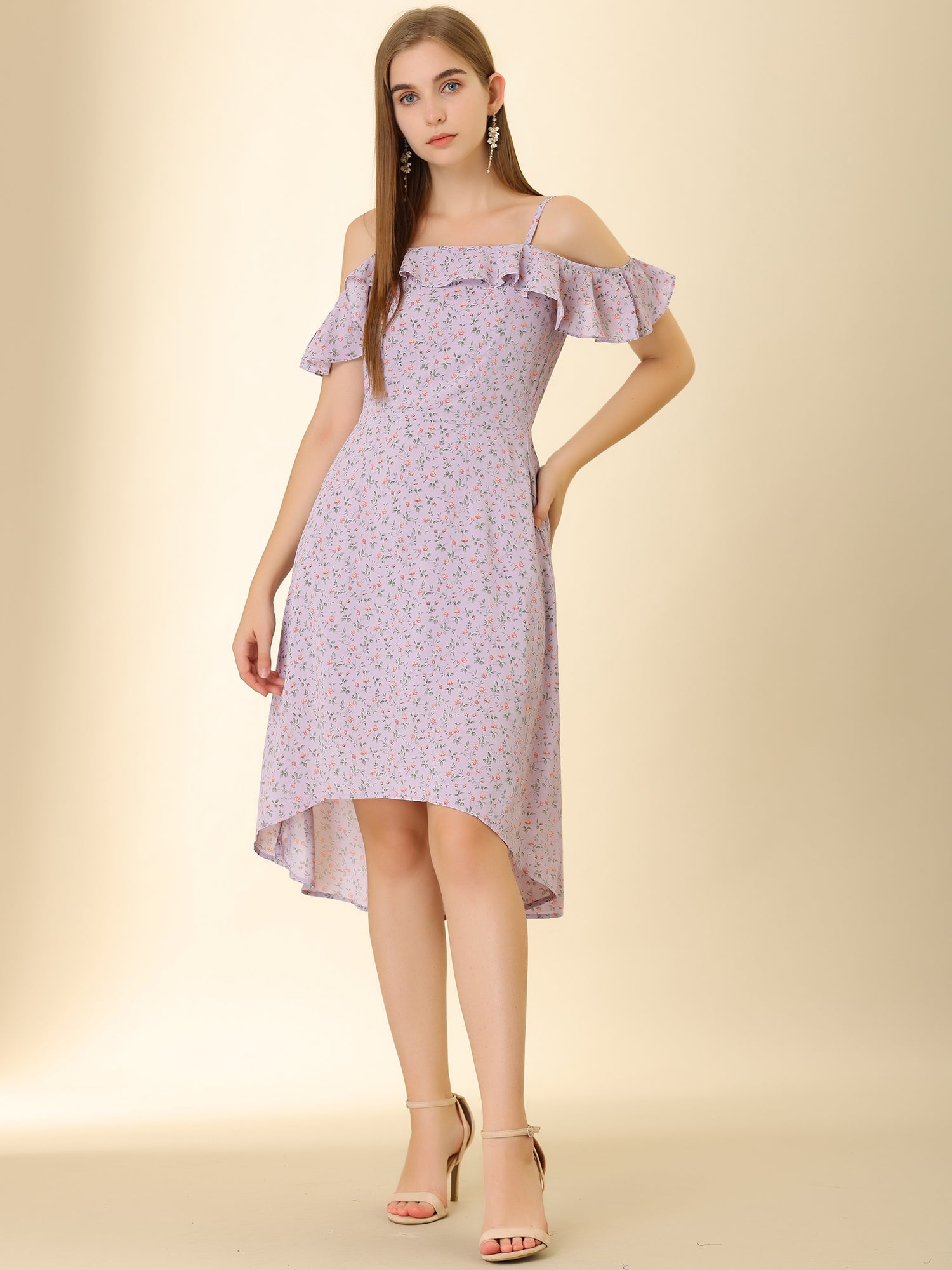 Spaghetti Strap Asymmetrical High Low Floral A-Line Midi Dress