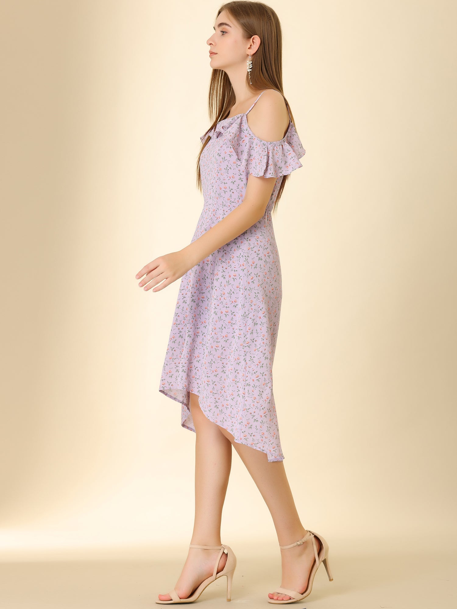 Spaghetti Strap Asymmetrical High Low Floral A-Line Midi Dress