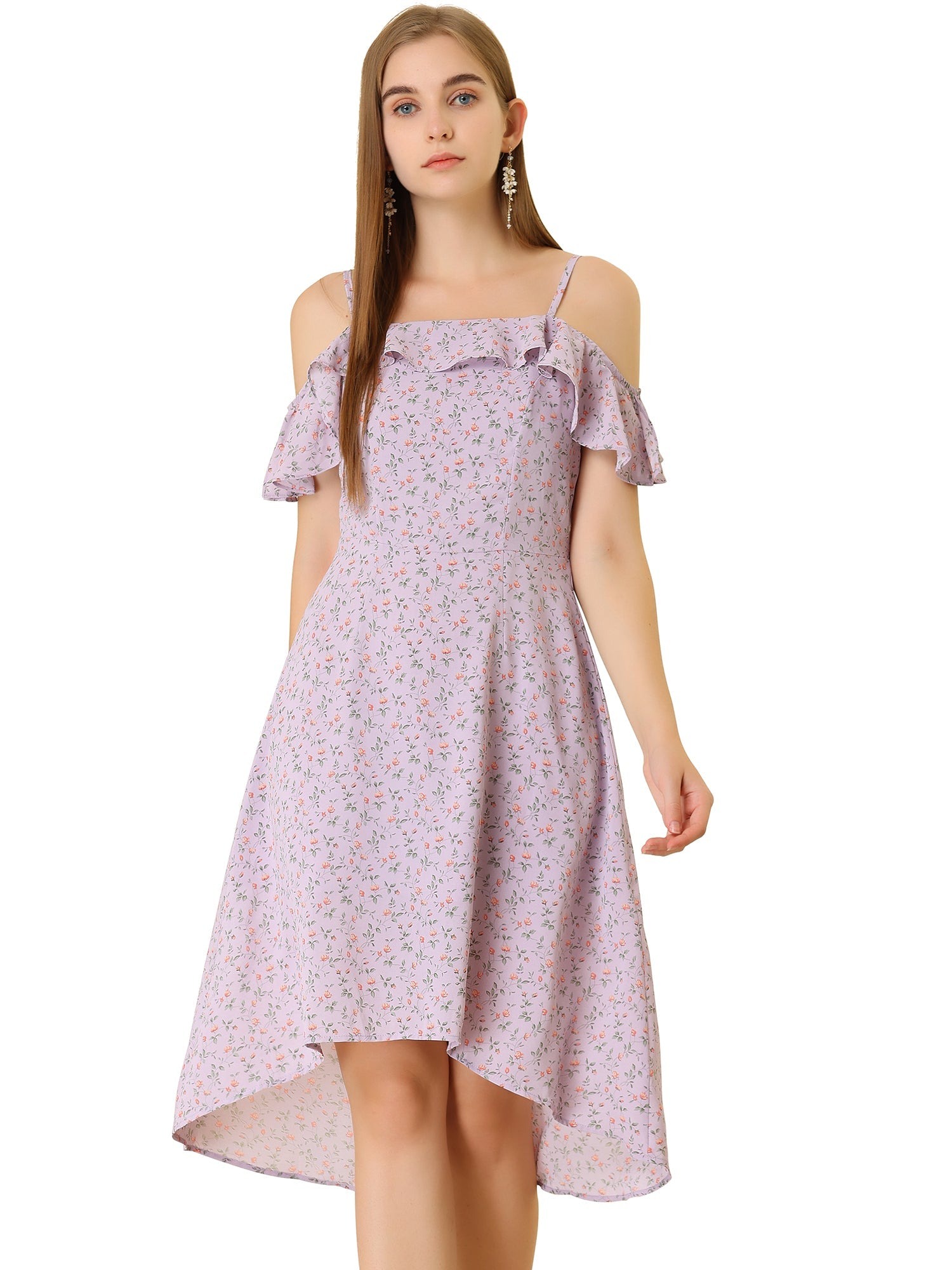 Spaghetti Strap Asymmetrical High Low Floral A-Line Midi Dress