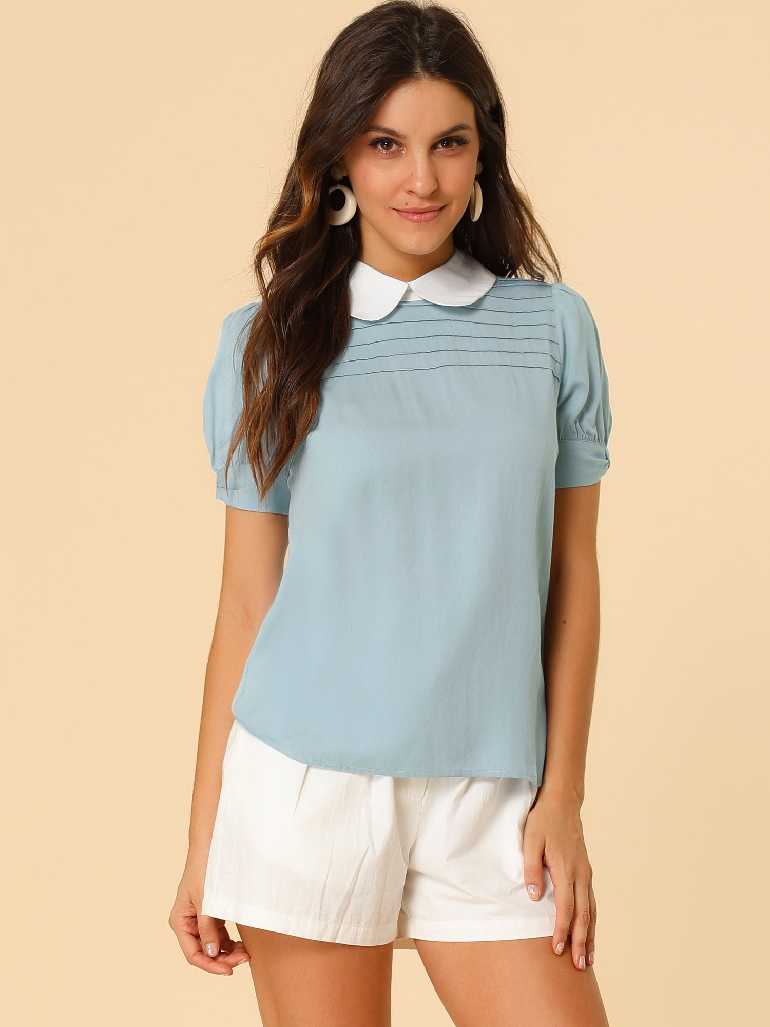 Pleated Contrast Peter Pan Collar Puff Short Sleeve Blouse