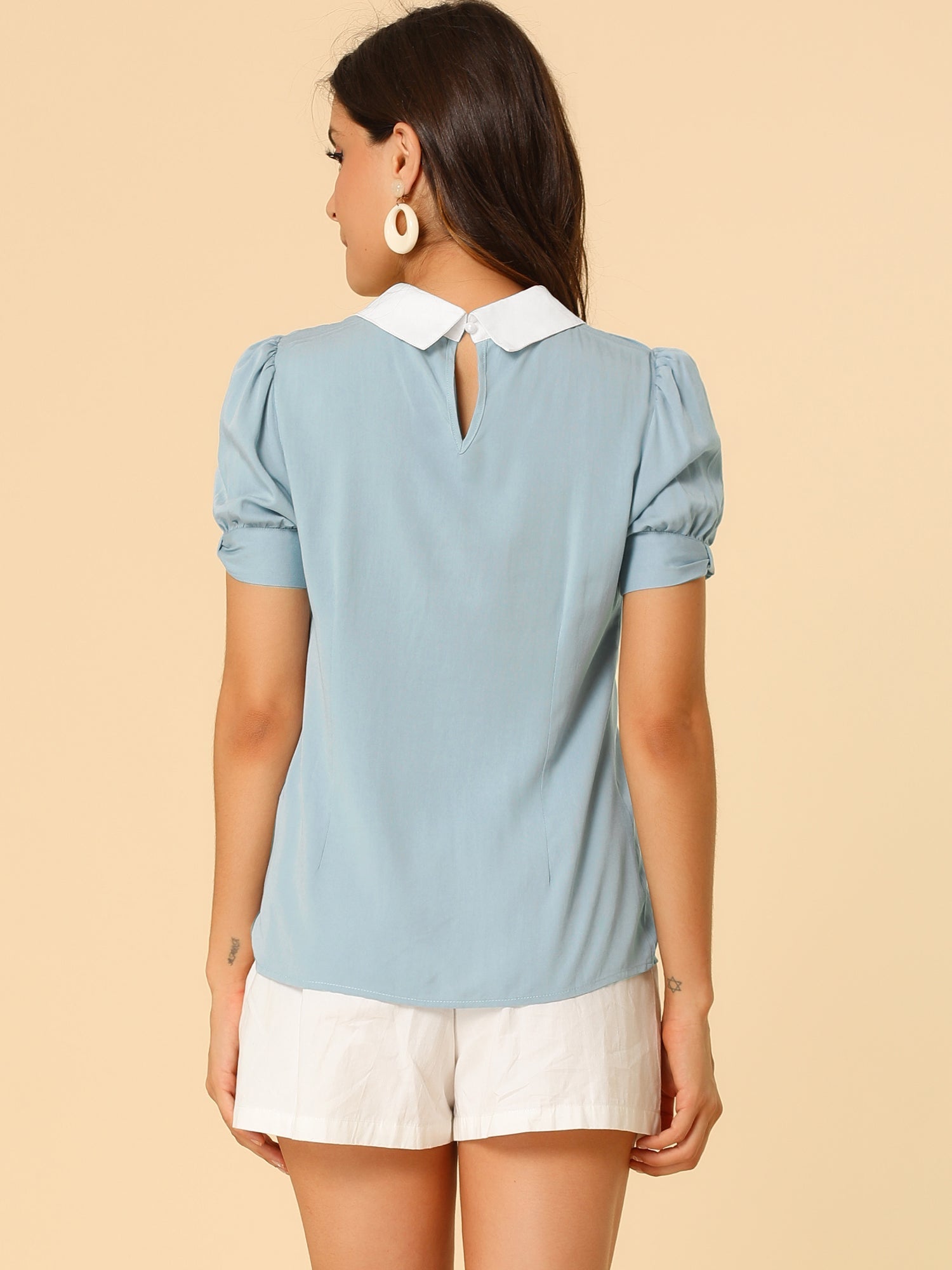 Pleated Contrast Peter Pan Collar Puff Short Sleeve Blouse