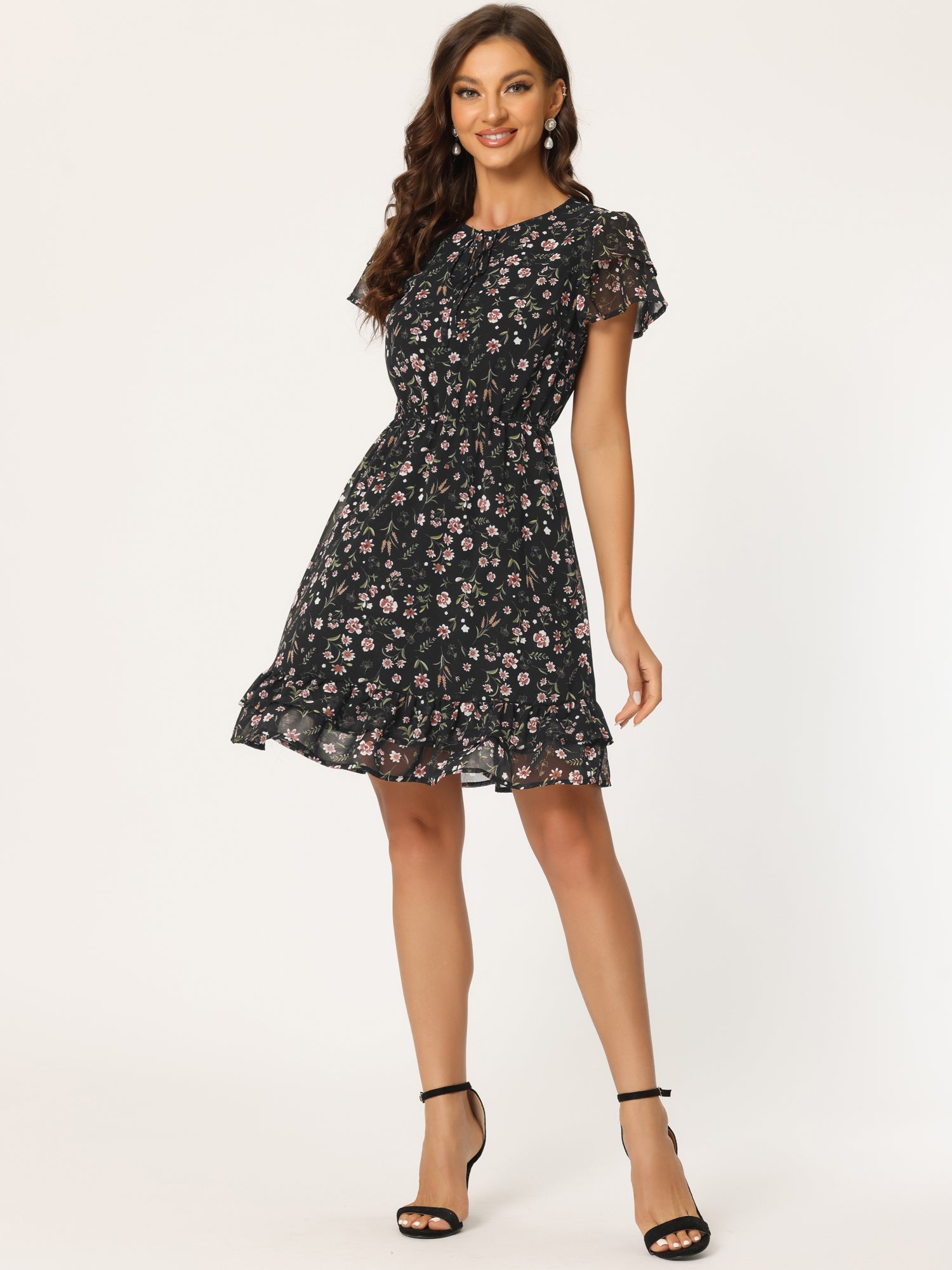 Ruffle Sleeve V Neck Above Knee A-Line Floral Chiffon Dress
