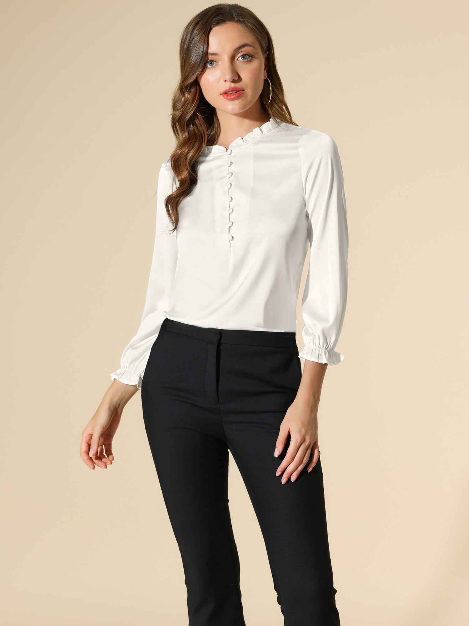Ruffle Neck Bubble Sleeve Elastic Cuff Button Satin Blouse