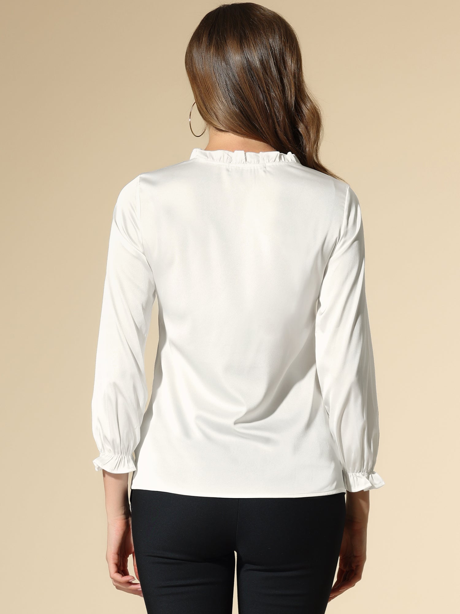 Ruffle Neck Bubble Sleeve Elastic Cuff Button Satin Blouse