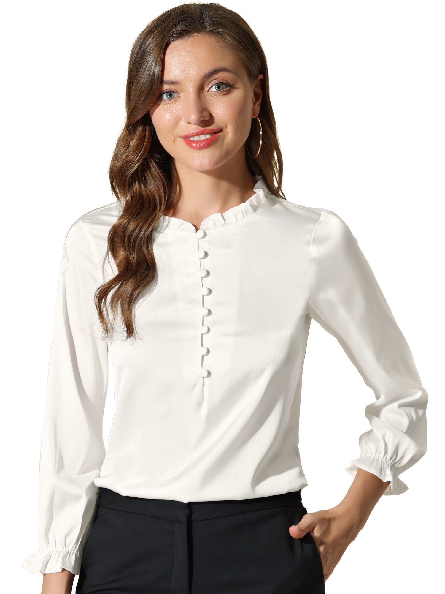 Ruffle Neck Bubble Sleeve Elastic Cuff Button Satin Blouse